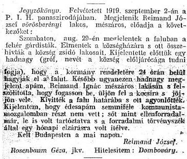 Részlet a „A dunántúli zsidóüldözések aktáiból.” c. cikkből (Forrás: Egyenlőség, 1919. 09. 25., 3−4. o)
